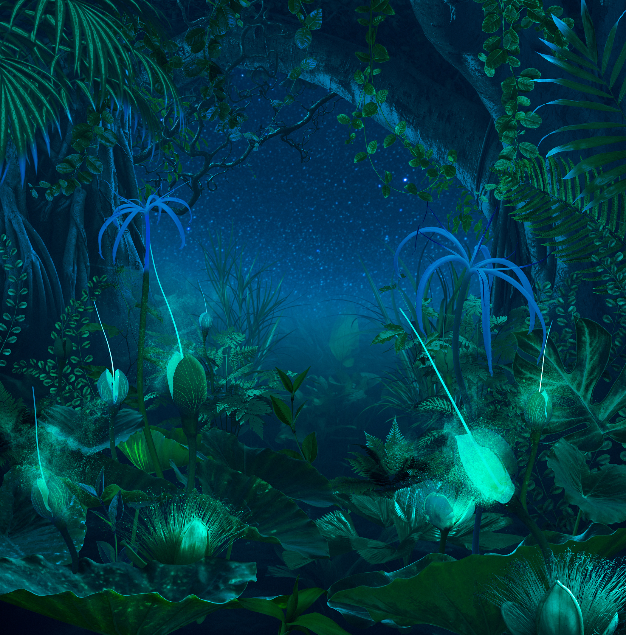 Surreal night jungle with luminescent plants and flowers